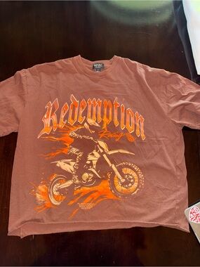 Boohoo Mens Brown 'Redemption Racing' Graphic Tee with Orange Print